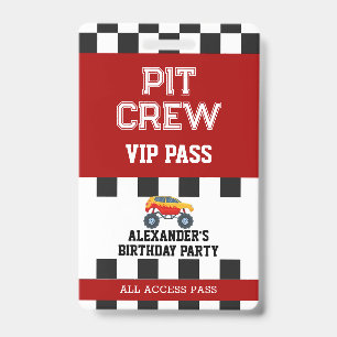 Monster Truck Birthday Party Pit Crew VIP Pass ID Badge