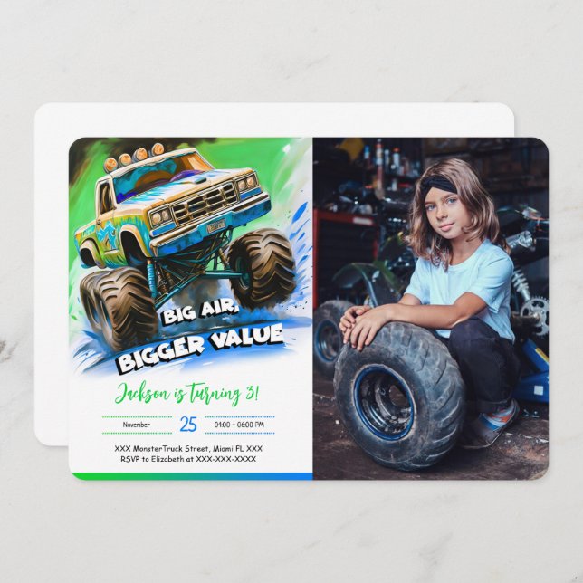 Monster Truck Birthday Photo Invitation (Front/Back)