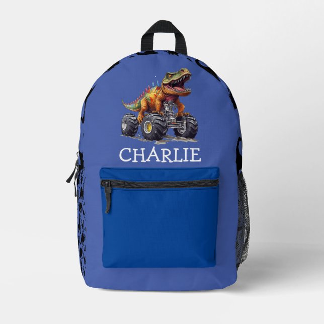 Monster Truck Blue Dinosaur Style Printed Backpack (Front)