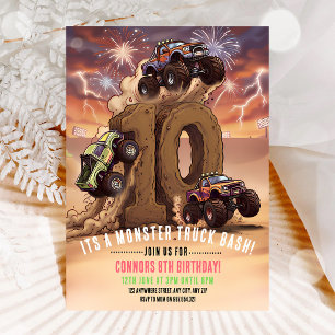 Monster Truck Boom Crash 10th Birthday Invitation