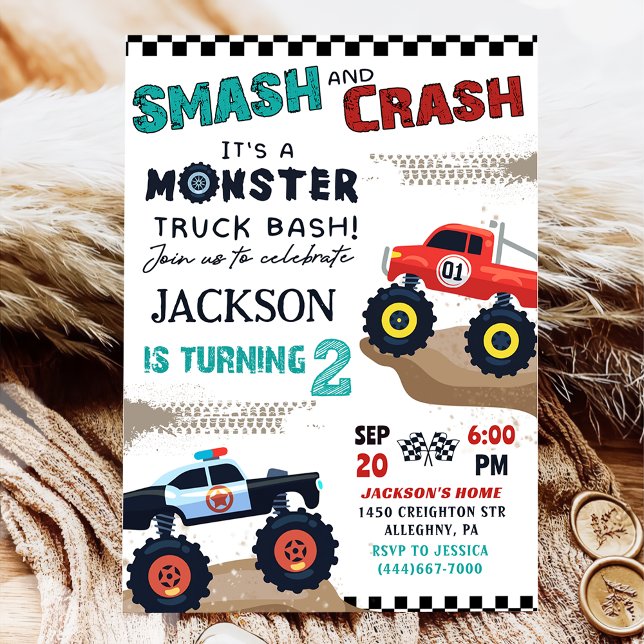 Monster Truck Boy 2nd Birthday Party Invitation (Creator Uploaded)