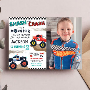 Monster Truck Boy 2nd Birthday Party Photo Invitation