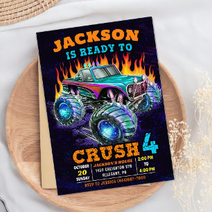 Monster Truck Boy 4th Birthday Party Invitation