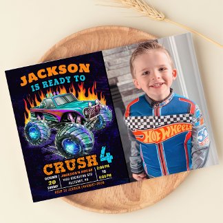 Monster Truck Boy 4th Birthday Party Photo Invitation