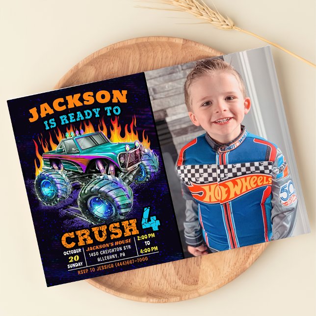 Monster Truck Boy 4th Birthday Party Photo Invitation (Creator Uploaded)