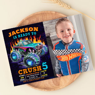 Monster Truck Boy 5th Birthday Photo Invitation