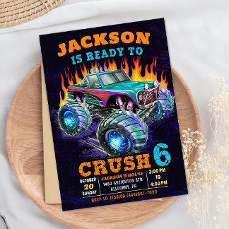 Monster Truck Boy 6th Birthday Photo Invitation