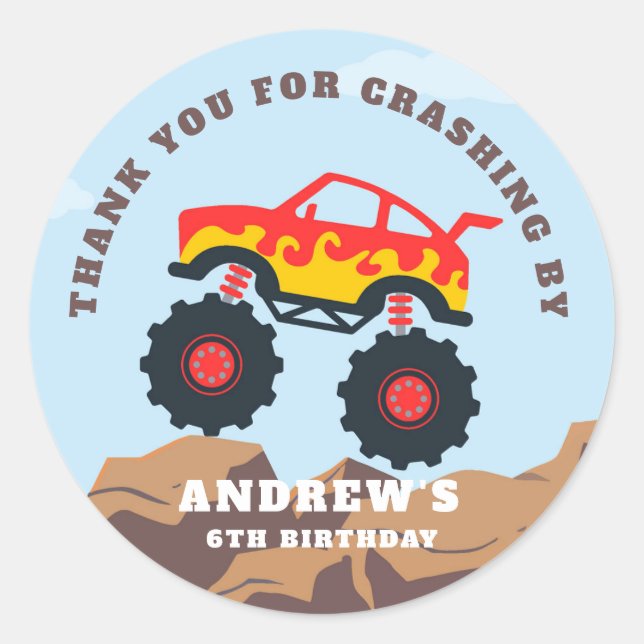 Monster Truck Boy Birthday Party Classic Round Sticker (Front)