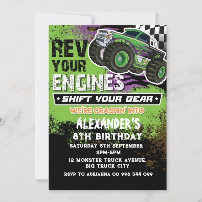Monster Truck Boy Green Invitation (Front)