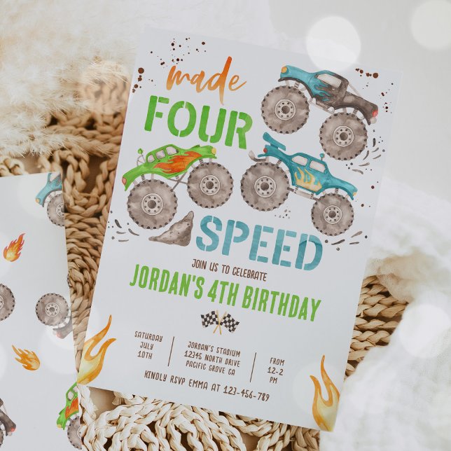 Monster Truck Boy Made Four Speed 4th Birthday Invitation (Creator Uploaded)