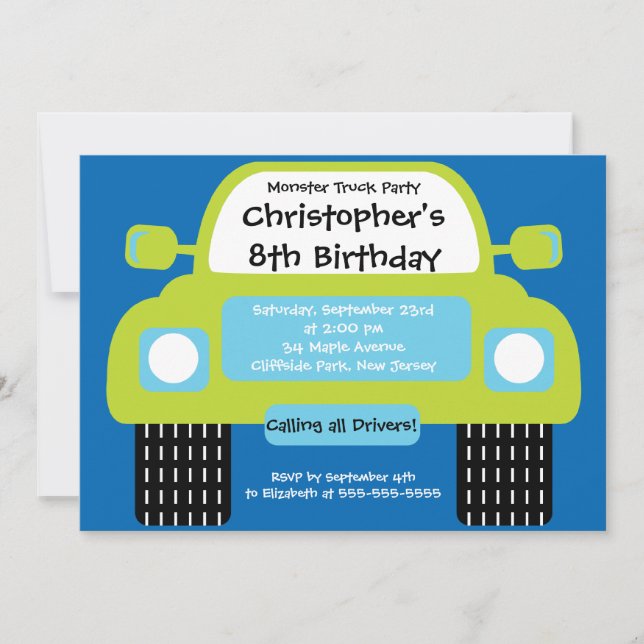 Monster Truck Boys Birthday Party Invitations (Front)