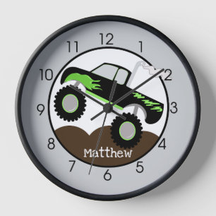 Monster Truck Boys' Room Green Black Kids Clock