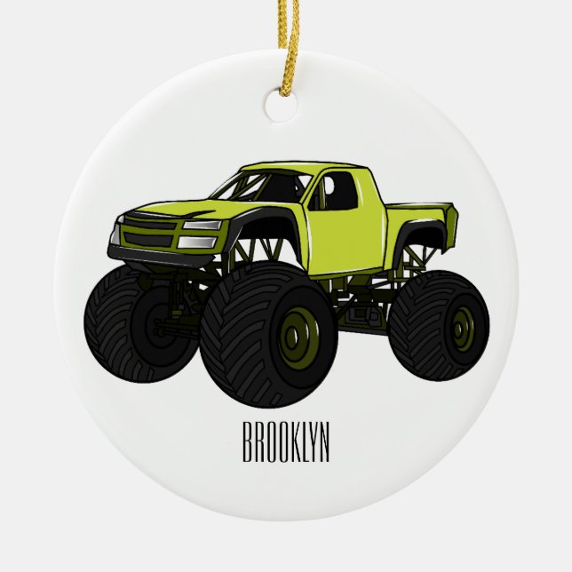 Monster truck cartoon illustration ceramic ornament (Front)