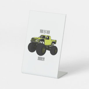 Monster truck cartoon illustration pedestal sign