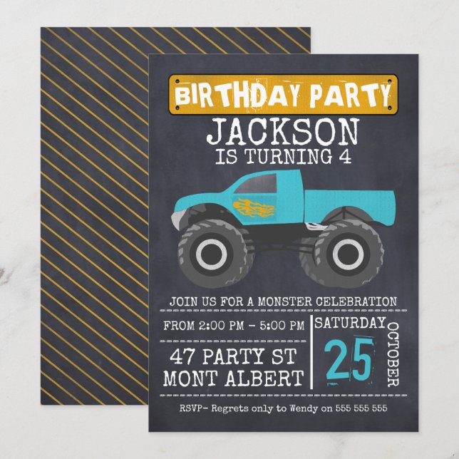 Monster Truck Chalboard Birthday Party Invitation (Front/Back)
