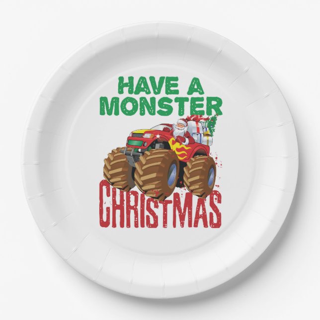 Monster Truck Christmas Santa Claus Boys Toddlers Paper Plate (Front)