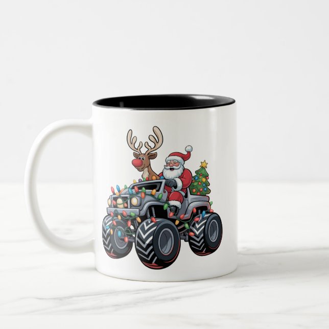 Monster Truck Christmas Santa Holiday Kids Two-Tone Coffee Mug (Left)