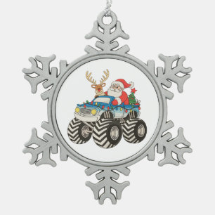 Monster Truck Christmas Santa Reindeer Festive Snowflake Pewter Christmas Ornament