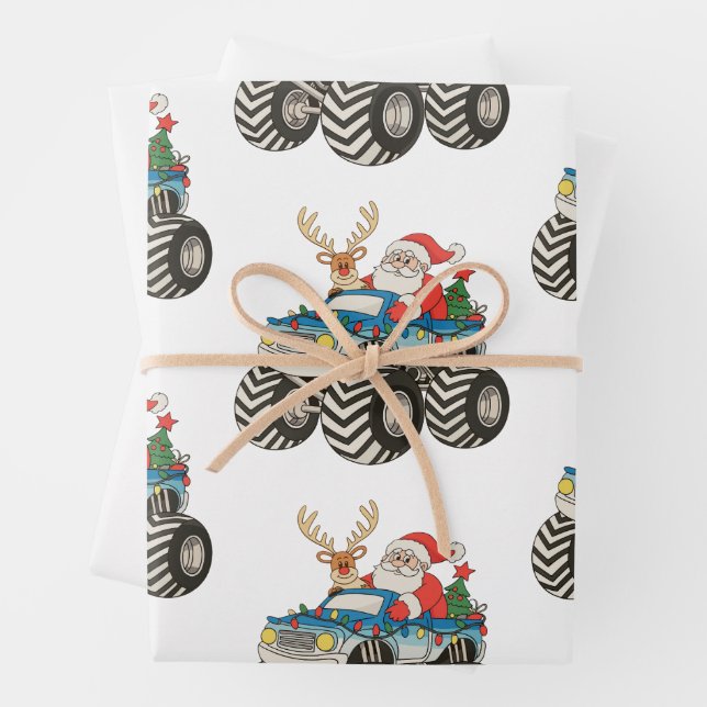Monster Truck Christmas Santa Reindeer Festive Wrapping Paper Sheet (In situ)