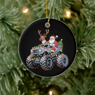 Monster Truck Christmas Santa Reindeer Holiday Ceramic Ornament