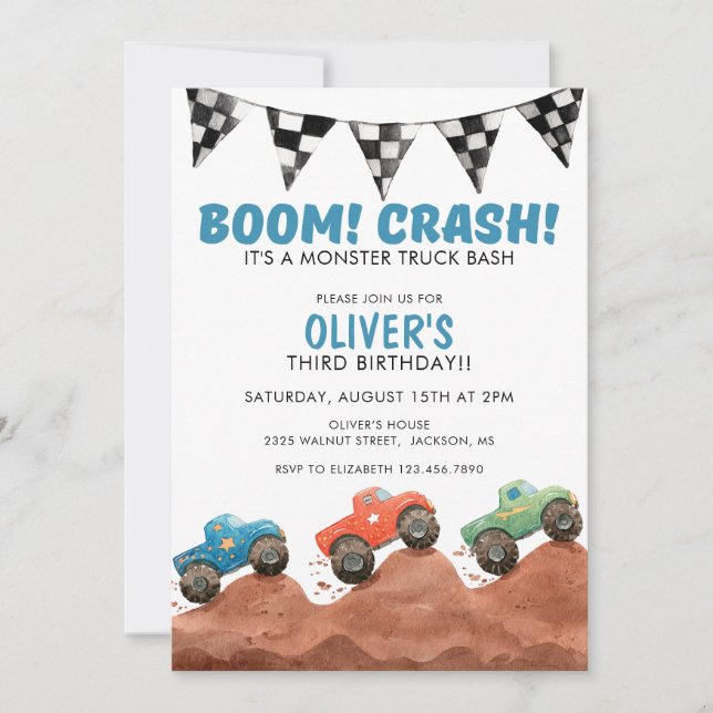 Monster Truck Colorful Cars Birthday Invitation (Front)