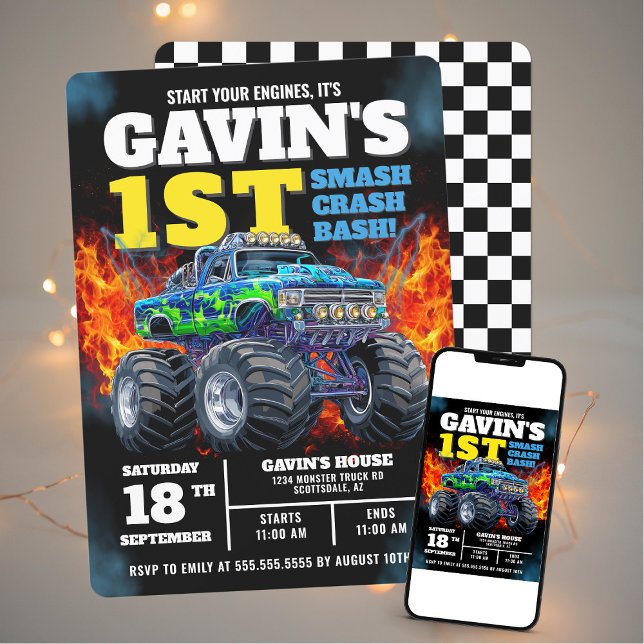 Monster Truck Cool Blue 1st Birthday Personalised Invitation (Creator Uploaded)