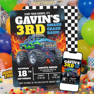 Monster Truck Cool Blue 3rd Birthday Personalised Invitation