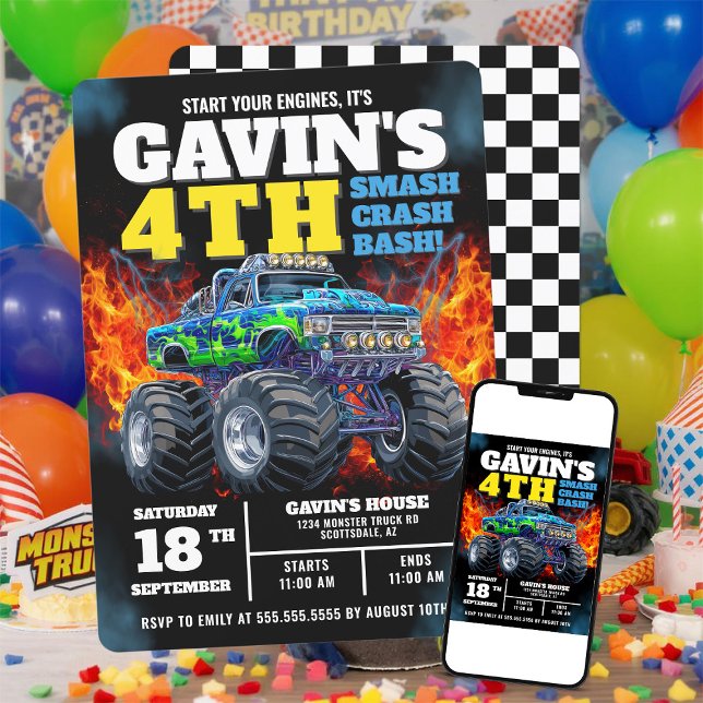 Monster Truck Cool Blue 4th Birthday Personalised Invitation (Creator Uploaded)