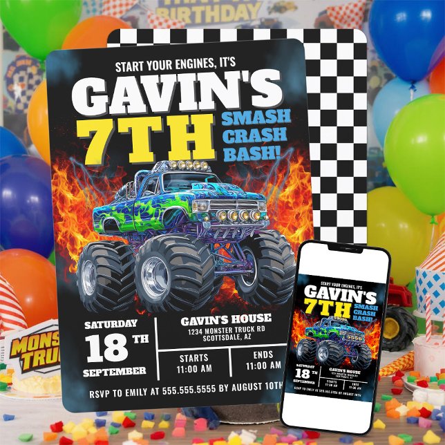 Monster Truck Cool Blue 7th Birthday Personalised Invitation (Creator Uploaded)