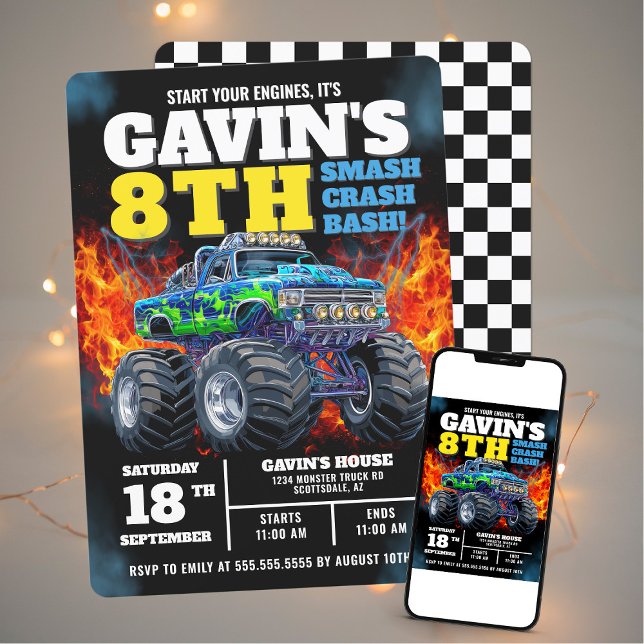 Monster Truck Cool Blue 8th Birthday Personalised Invitation (Creator Uploaded)