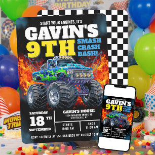 Monster Truck Cool Blue 9th Birthday Personalised Invitation