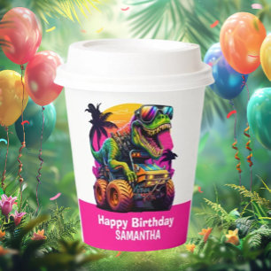 MONSTER TRUCK Dinosaur Birthday Pink Paper Cups