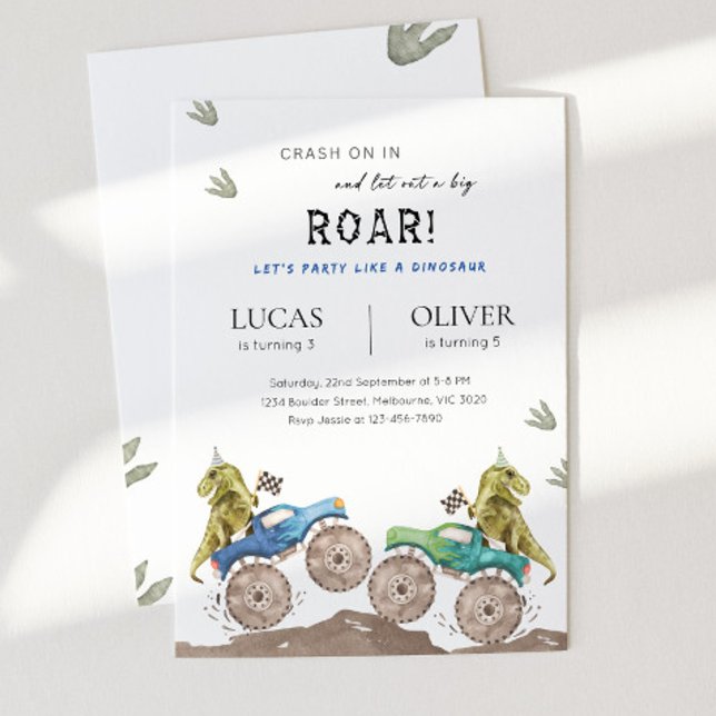 Monster Truck & Dinosaur Siblings Joint Birthday Invitation (Creator Uploaded)