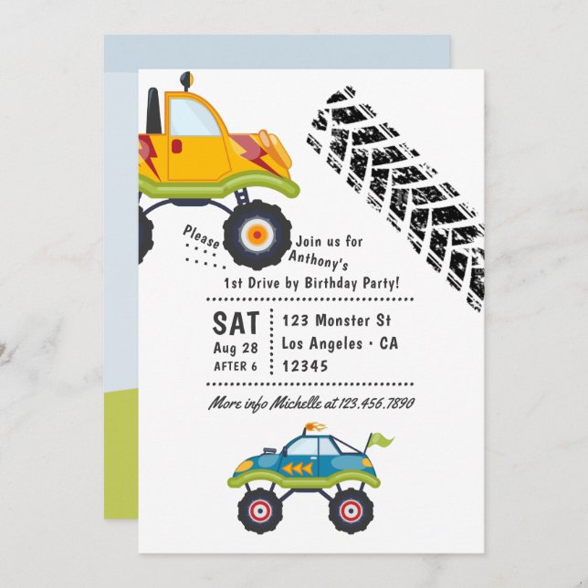 Monster Truck Drive By Birthday Party Invitation (Front/Back)