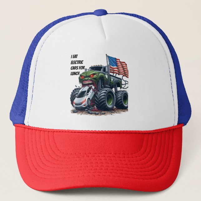 Monster truck electric car baseball trucker hat (Front)