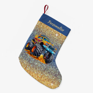 Monster Truck Flames Glitter Background Christmas Small Christmas Stocking