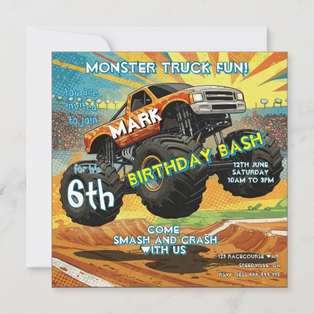 Monster Truck Fun Birthday Invitation Flat Card (Front)