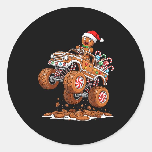 Monster Truck Gingerbread Man Funny Christmas Baki Classic Round Sticker (Front)