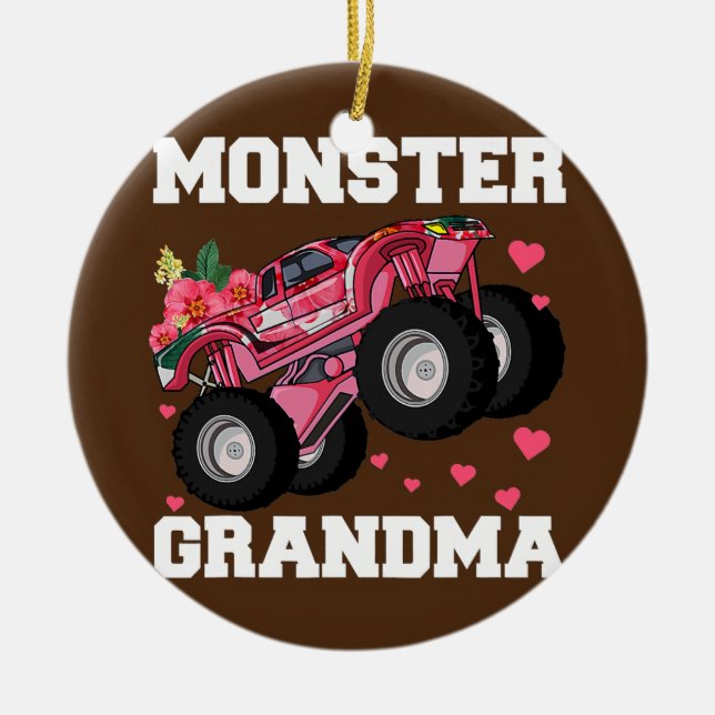Monster Truck Grandma Floral Birthday Boy Grandma Ceramic Ornament (Front)