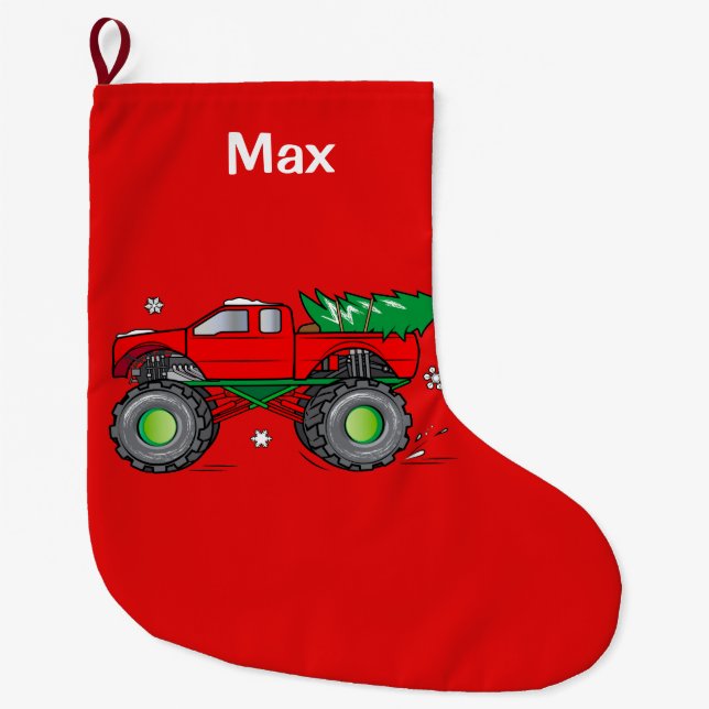Monster Truck Hauling Christmas Tree:Customisable Large Christmas Stocking (Front)