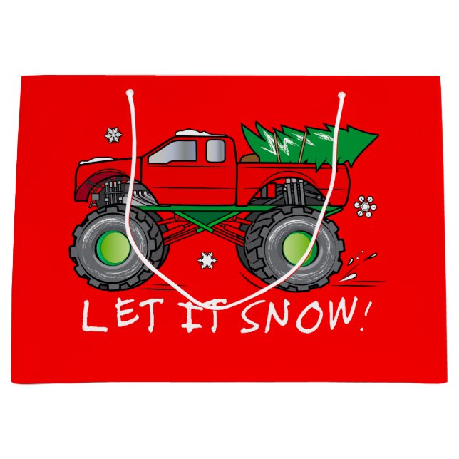 Monster Truck Hauling Christmas Tree in the Snow Large Gift Bag (Front)