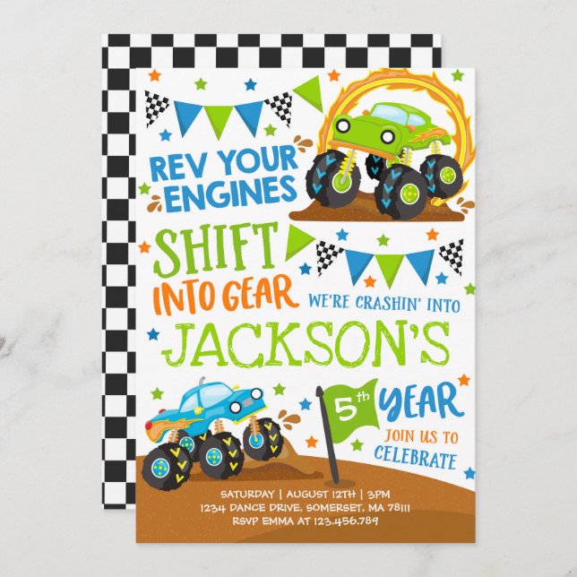 Monster Truck Invitation Monster Truck Birthday (Front/Back)