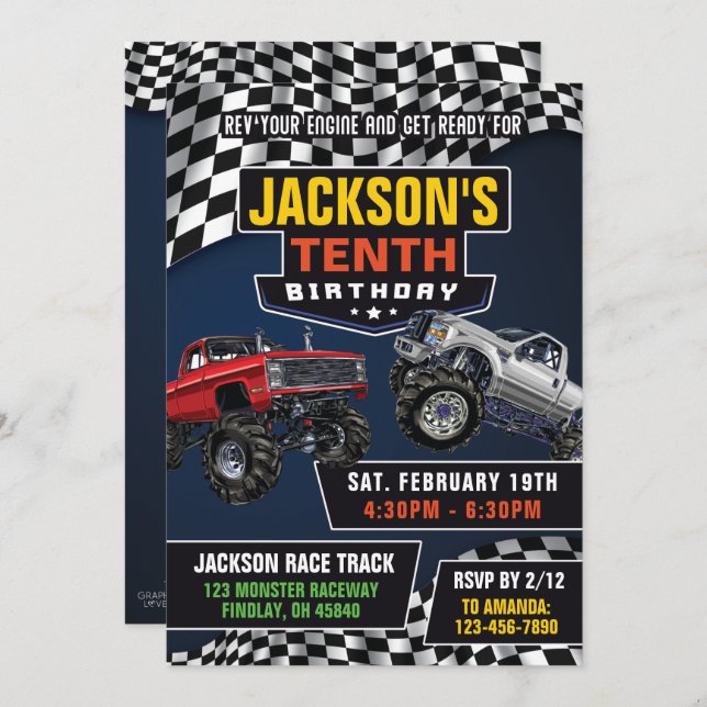 Monster Truck Jam Birthday Party, Any Age Invitation (Front/Back)