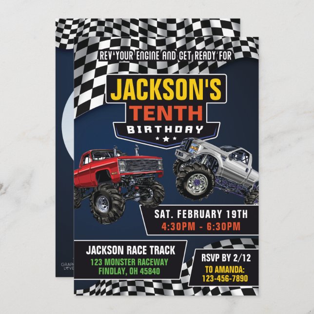 Monster Truck Jam Photo Birthday Party, Any Age Invitation (Front/Back)
