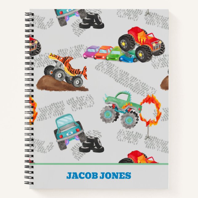 Monster Truck Jam Watercolor Cars Kids Notebook (Front)