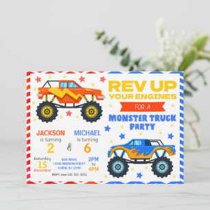 Monster Truck Joint Birthday Invitation Siblings