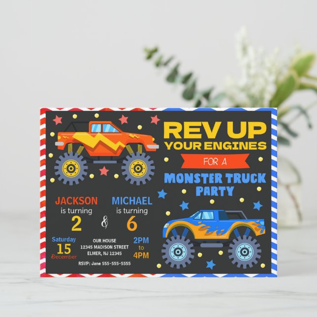Monster Truck Joint Birthday Invitation Siblings (Standing Front)