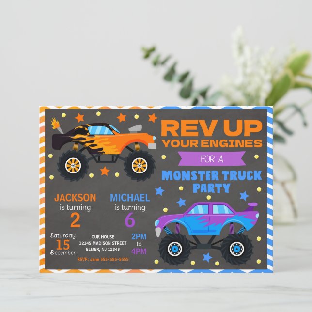 Monster Truck Joint Birthday Invitation Siblings (Standing Front)