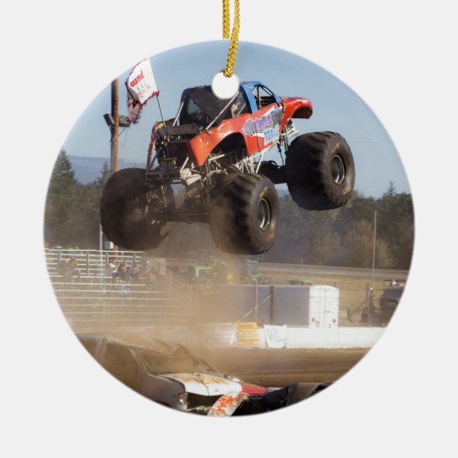 Monster Truck Jumping Ceramic Ornament (Front)
