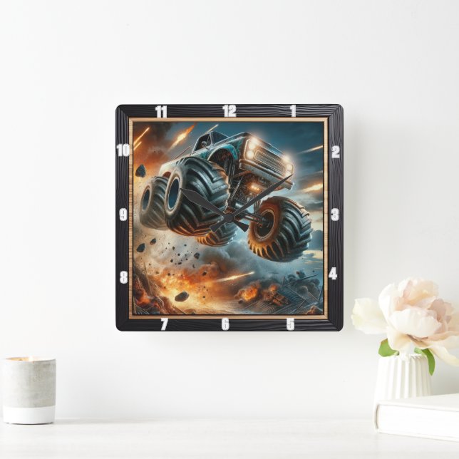Monster Truck Leaping Amidst Explosions Square Wall Clock (Home)